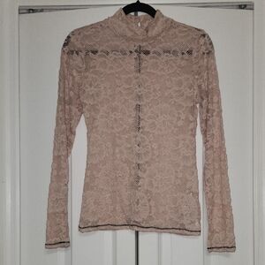 Guess Blush Pink Lace Long-Sleeve Mock Neck Top